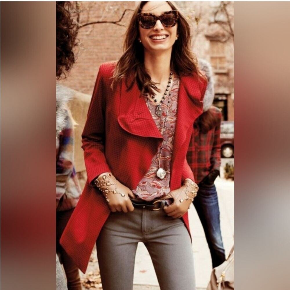 Cabi Celebration red houndstooth ruffle trim jacket‎ size Large #3546